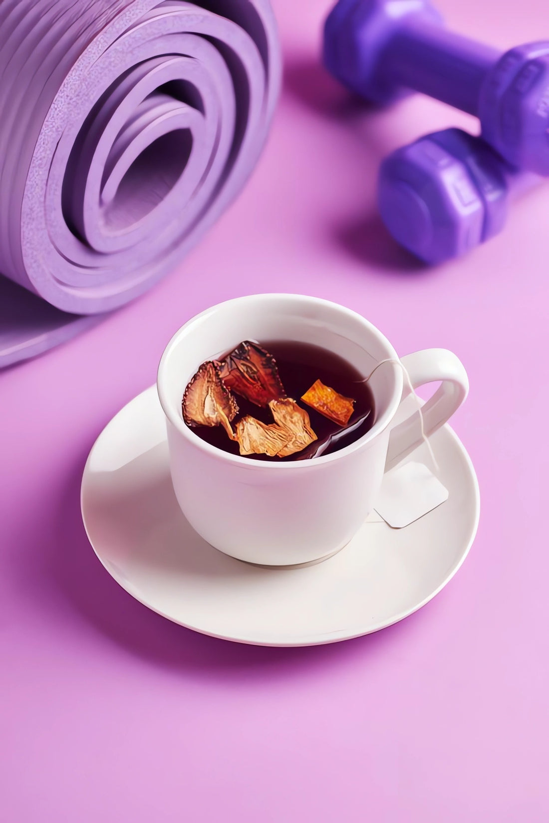 "A white cup of tea with slices of pineapple and strawberries floating in the infusion. The cup is set on a light purple background, next to a rolled-up yoga mat and light purple dumbbells."