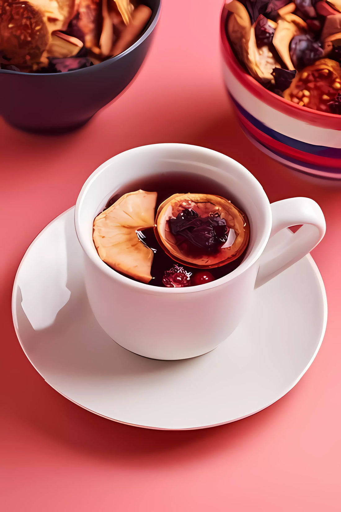 "A white cup of infusion with slices of apple, guava, and hibiscus floating on top. The cup sits on a rose red background next to two ceramic bowls containing dehydrated fruit."